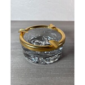Vintage Crystal Glass Ashtray with Gold Metal Rim Mid Century Modern Decor‎
